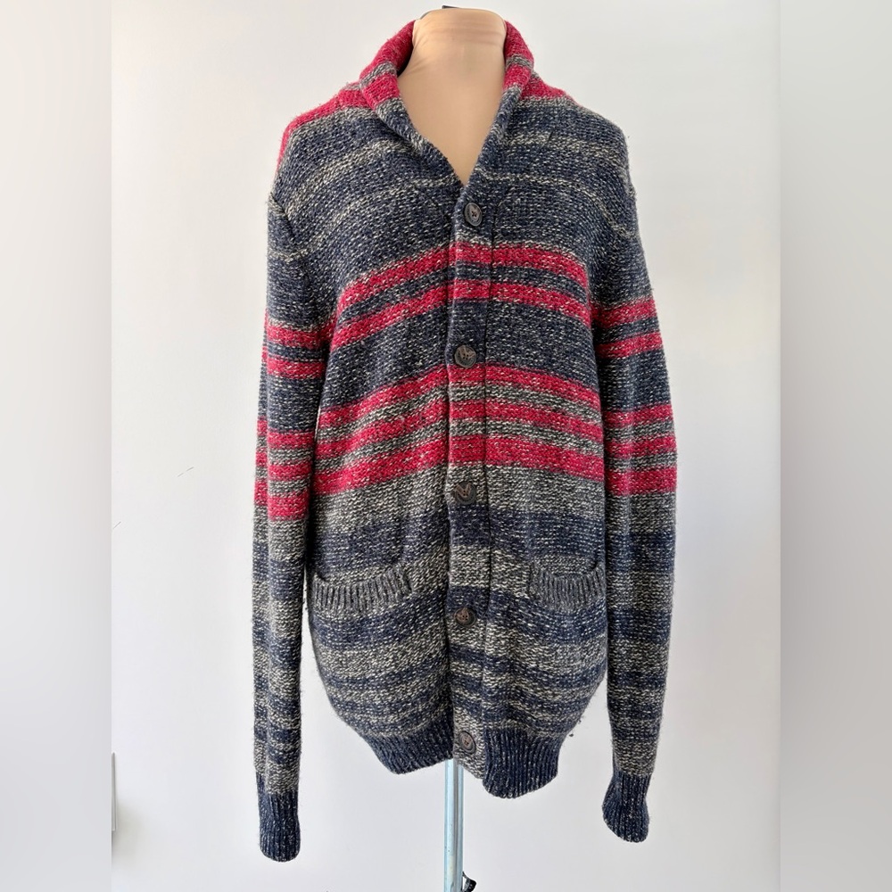 Roots Shawl Collar Wool Blend Cardigan Sweater – Navy Red Stripe | Men’s M